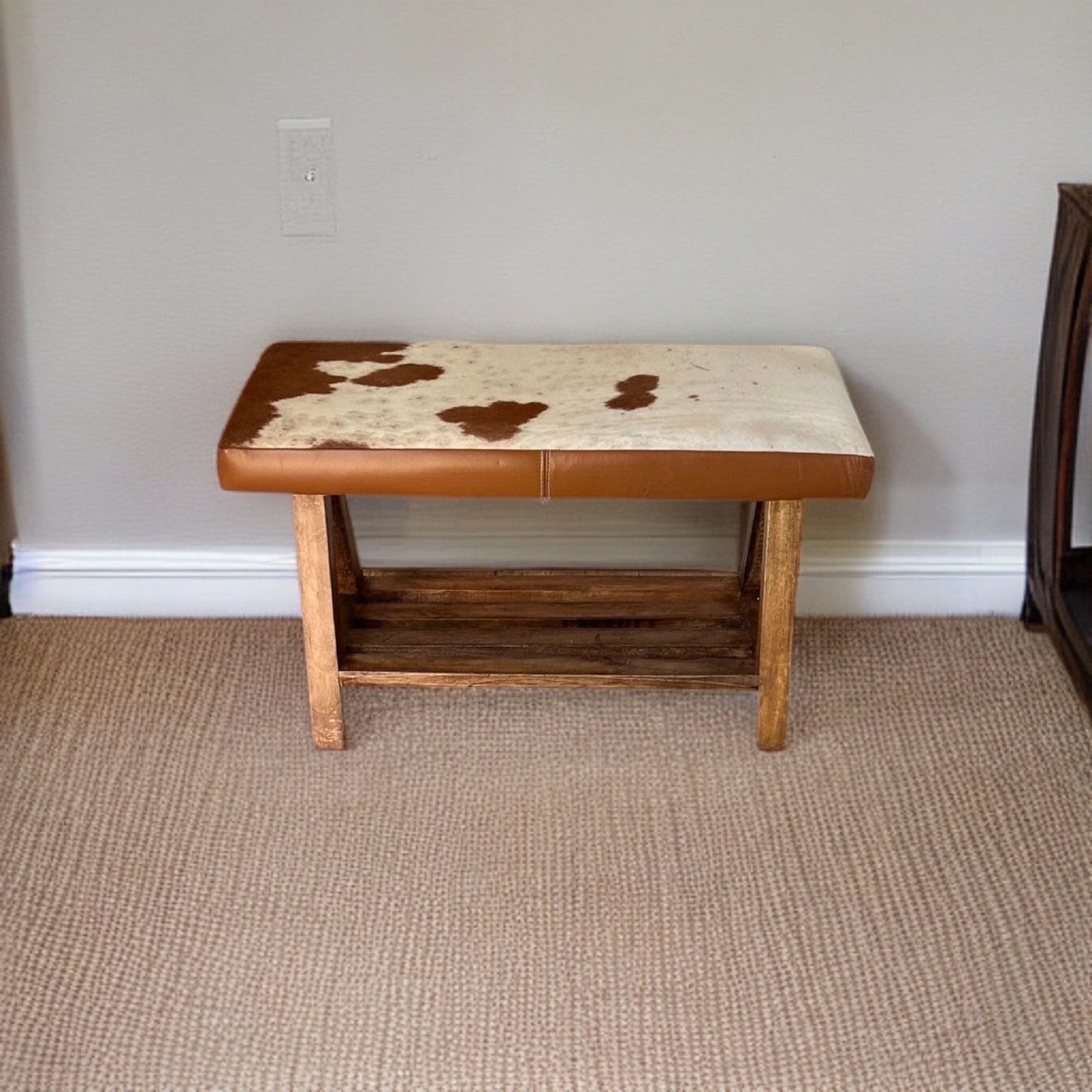 Cow Hide Leather Bench Brown & White | Foot Stool | Solid Base | Vintage Style | Floor Standing | Man Cave Stool by Maxlume