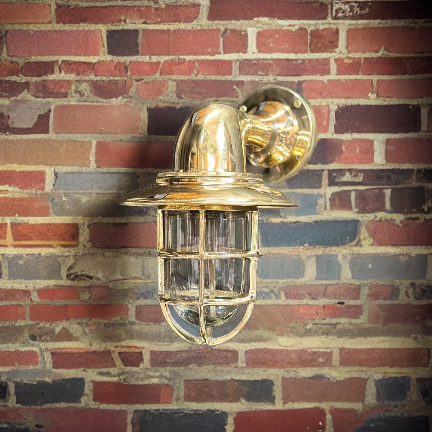 Wells ~ Solid Brass Caged Swan Neck Bulkhead Industrial Wall Light | Bathroom | Outdoor Garden