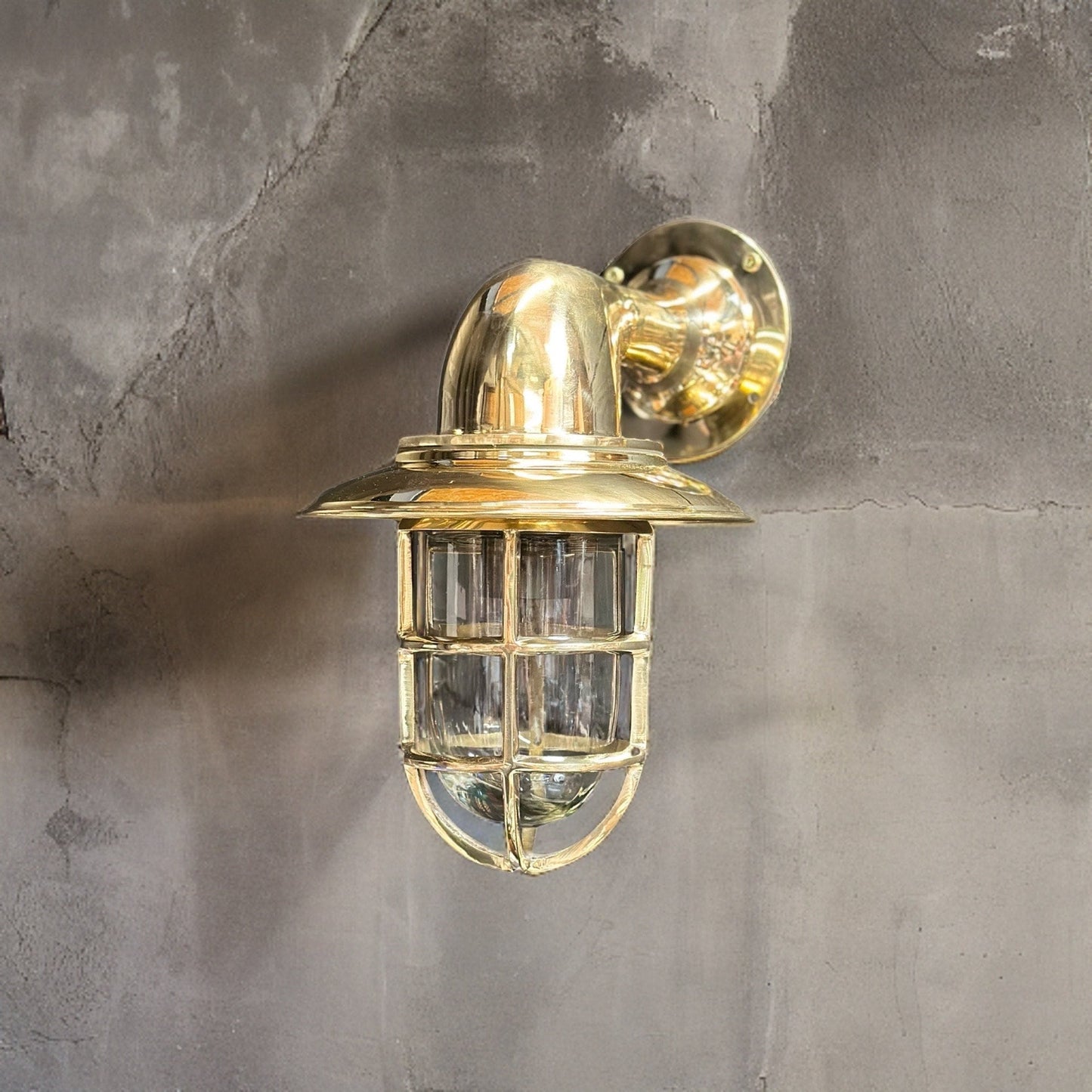 Wells ~ Solid Brass Caged Swan Neck Bulkhead Industrial Wall Light | Bathroom | Outdoor Garden