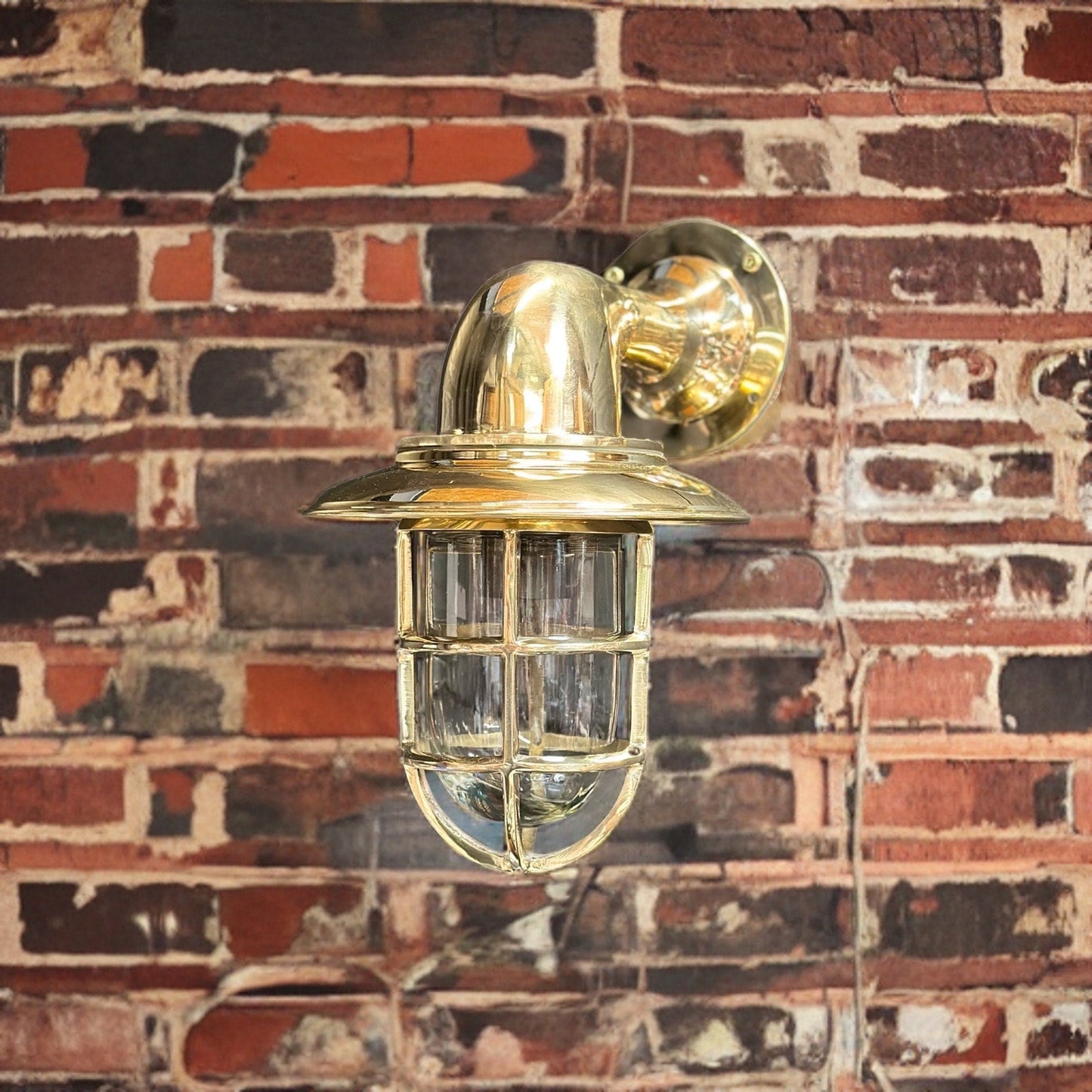 Wells ~ Solid Brass Caged Swan Neck Bulkhead Industrial Wall Light | Bathroom | Outdoor Garden