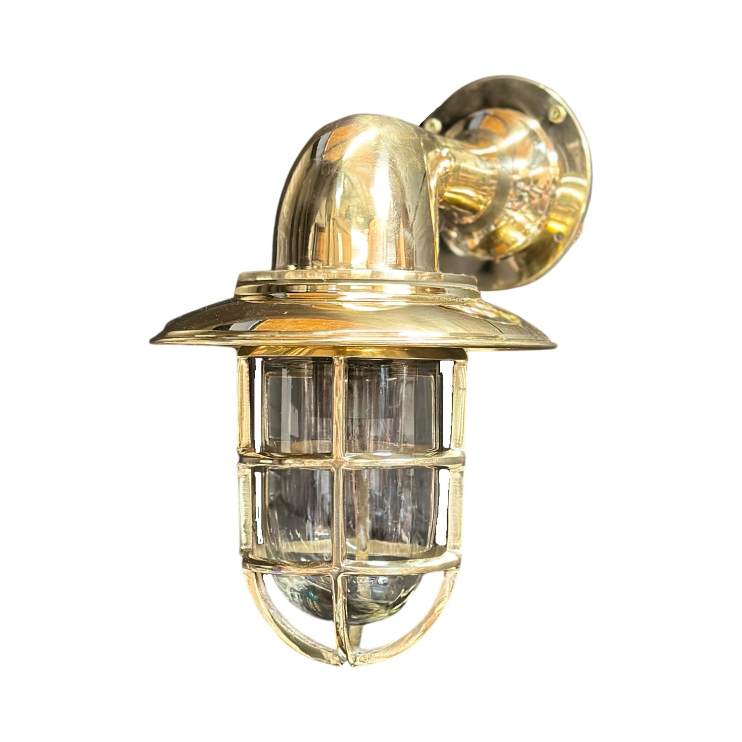 Wells ~ Solid Brass Caged Swan Neck Bulkhead Industrial Wall Light | Bathroom | Outdoor Garden