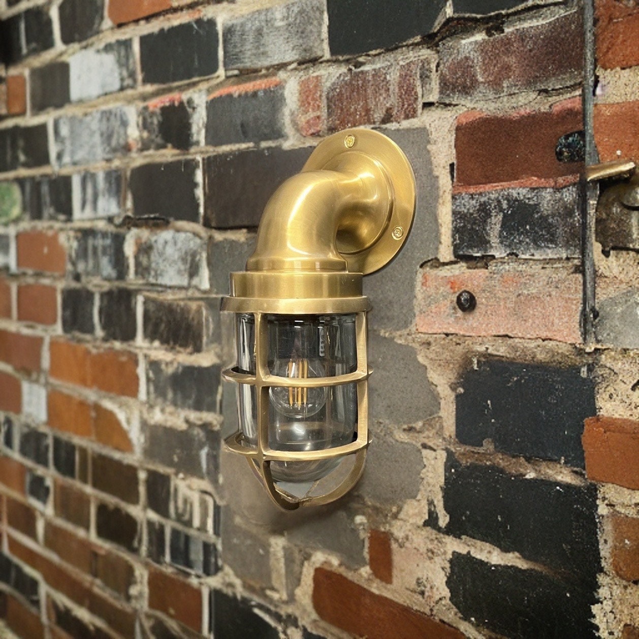 Beachamwell ~ Solid Brass Antique Finish Caged Swan Neck Bulkhead Industrial Wall Light | Bathroom | Outdoor Exterior Garden | Vintage