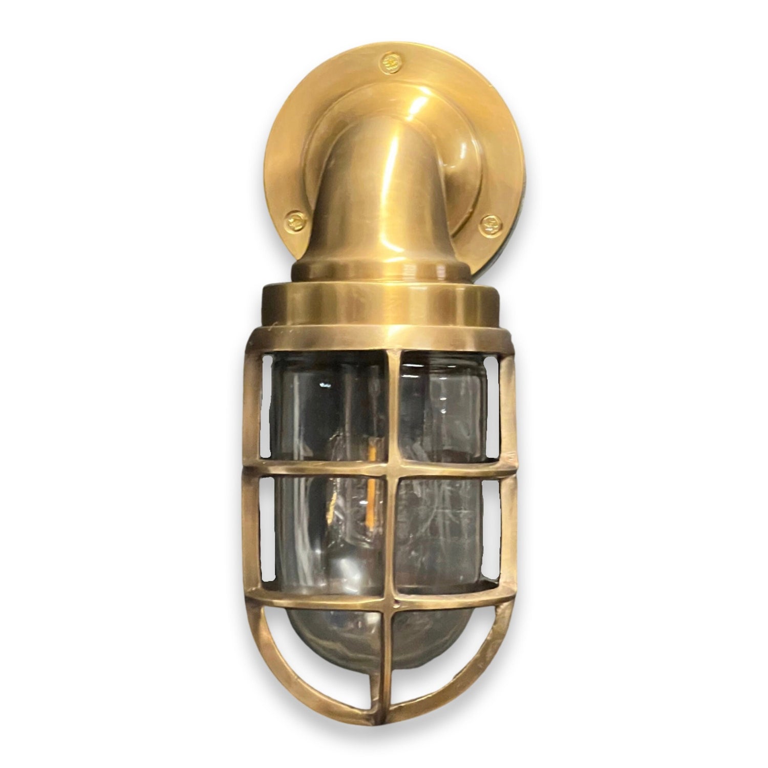 Beachamwell ~ Solid Brass Antique Finish Caged Swan Neck Bulkhead Industrial Wall Light | Bathroom | Outdoor Exterior Garden | Vintage