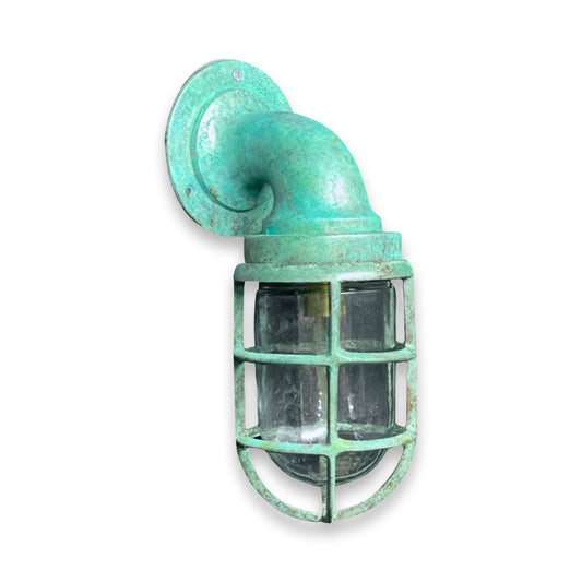 Beachamwell ~ Solid Brass Verdigris Caged Bulkhead Industrial Wall Light | Bathroom | Outdoor Garden | Vintage 1 x Edison Filament Bulb