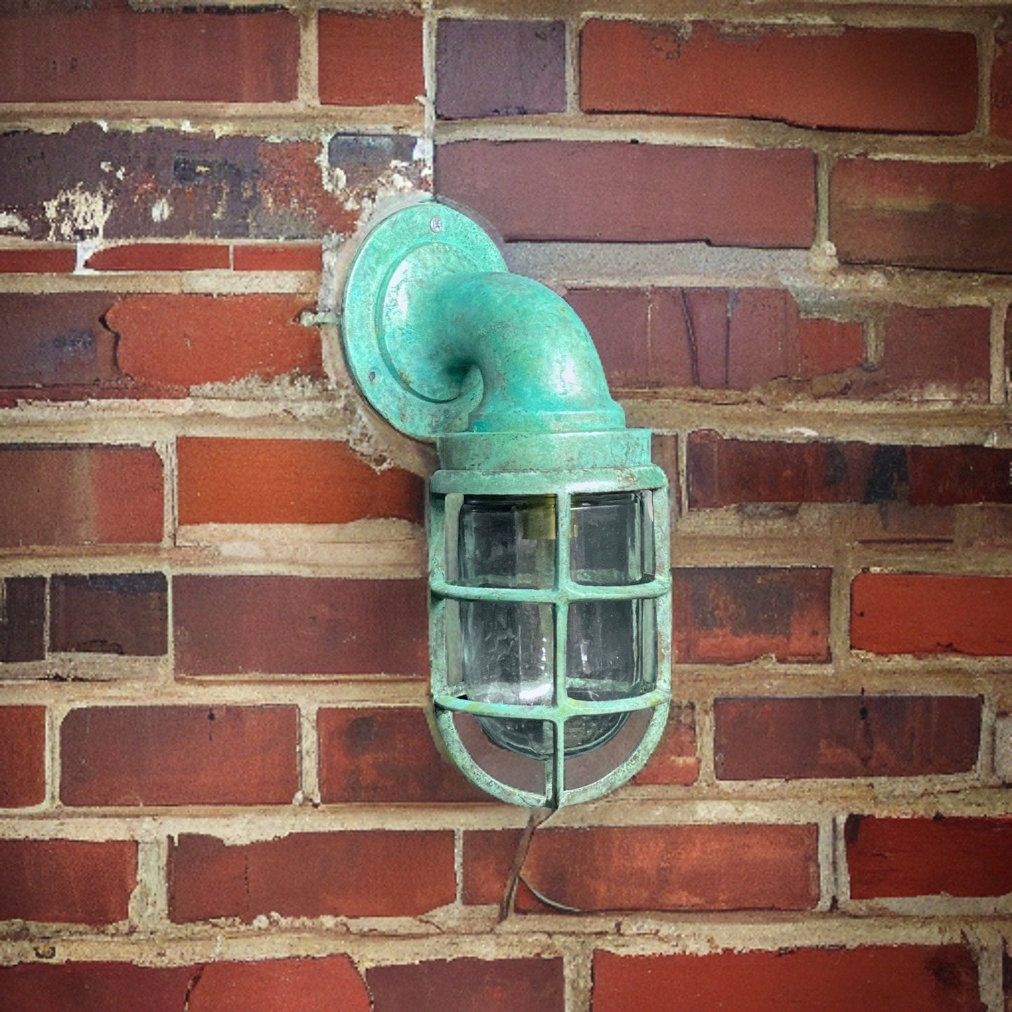 Beachamwell ~ Solid Brass Verdigris Caged Bulkhead Industrial Wall Light | Bathroom | Outdoor Garden | Vintage 1 x Edison Filament Bulb