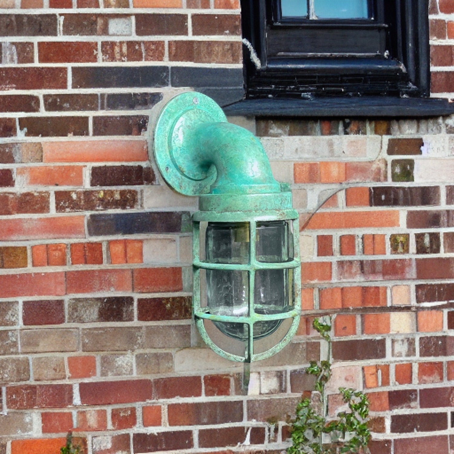 Beachamwell ~ Solid Brass Verdigris Caged Bulkhead Industrial Wall Light | Bathroom | Outdoor Garden | Vintage 1 x Edison Filament Bulb