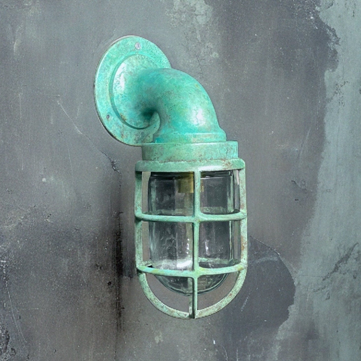 Beachamwell ~ Solid Brass Verdigris Caged Bulkhead Industrial Wall Light | Bathroom | Outdoor Garden | Vintage 1 x Edison Filament Bulb