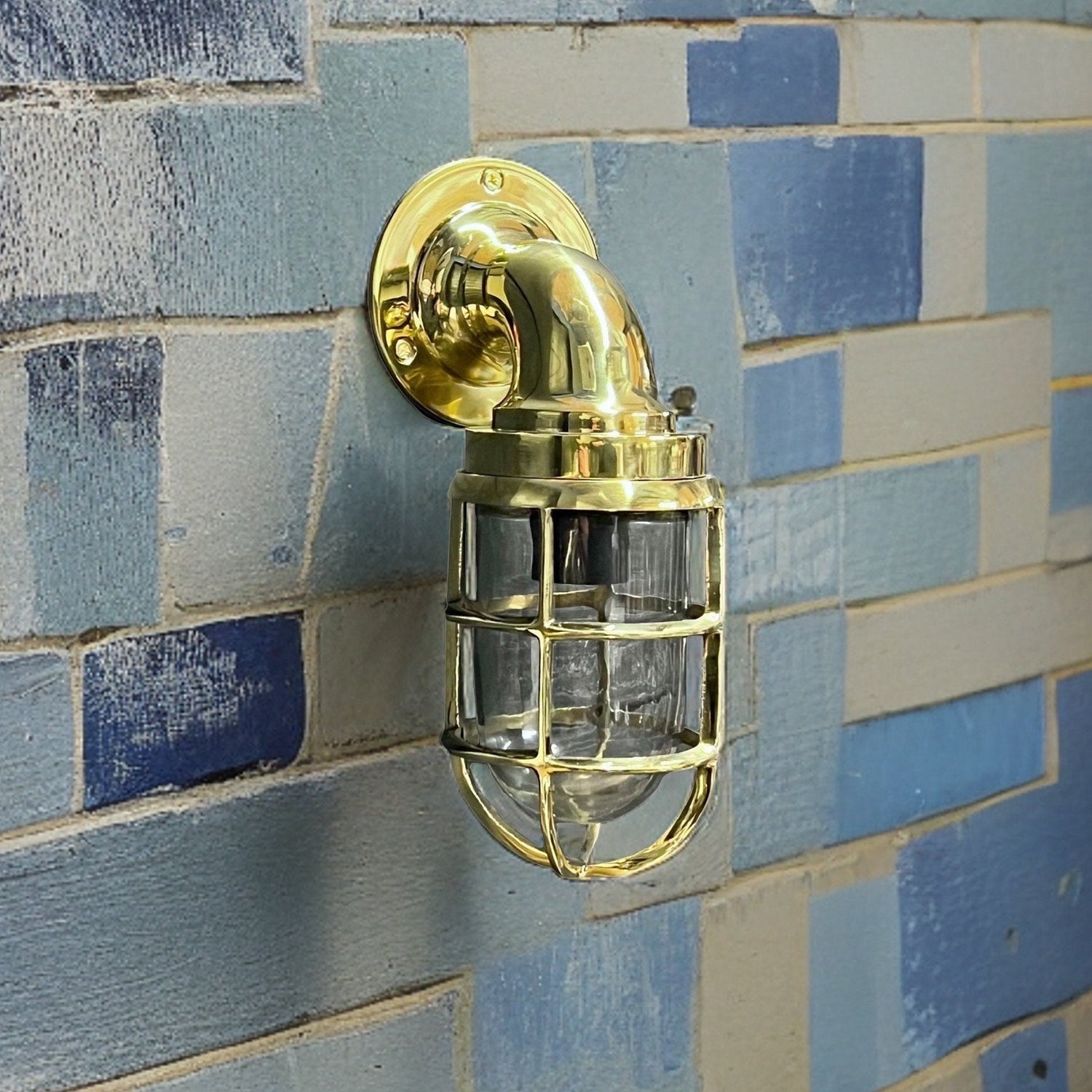 Beachamwell ~ Solid Brass Caged Swan Neck Bulkhead Industrial Wall Light | Bathroom | Outdoor Garden | Vintage