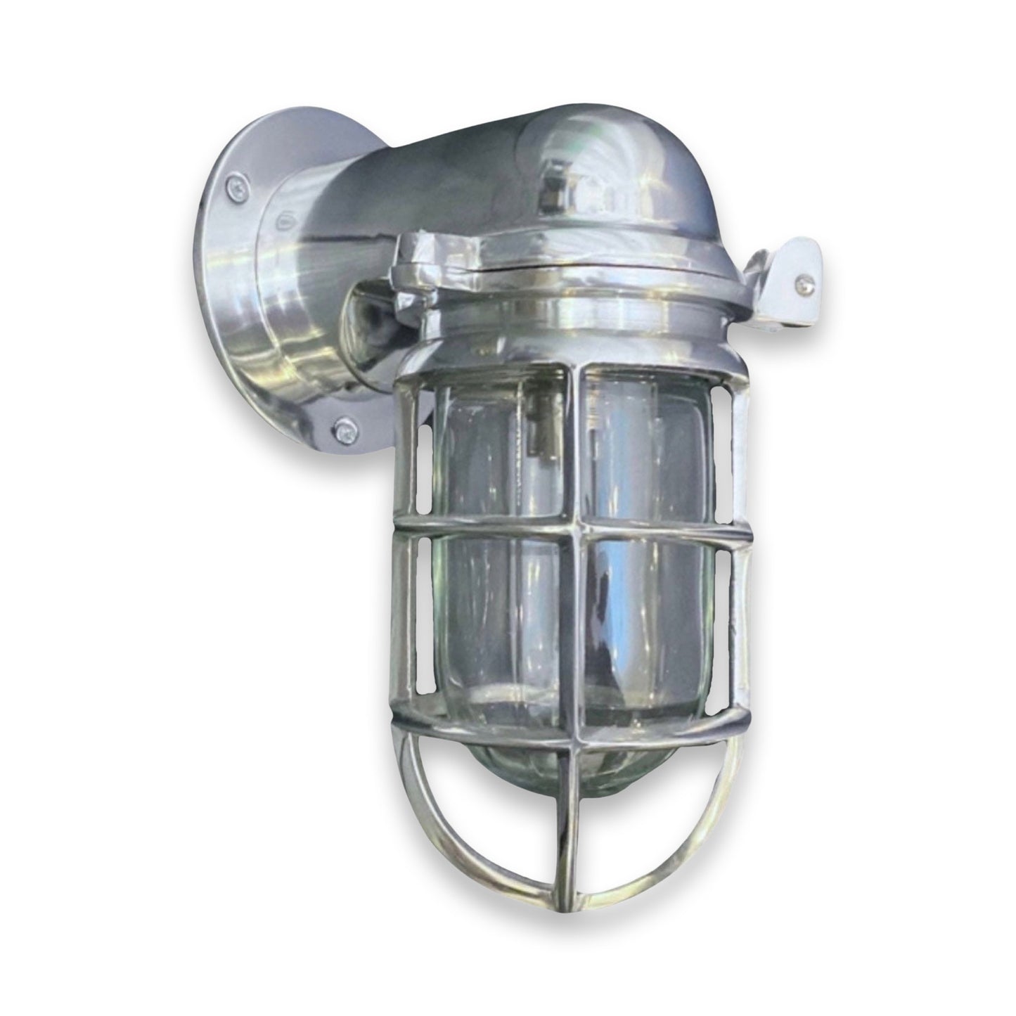 Happisburgh ~ Solid Polished Nickel Caged Bulkhead Industrial Wall Light | Bathroom | Outdoor Garden | Vintage 1 x Edison Filament Bulb