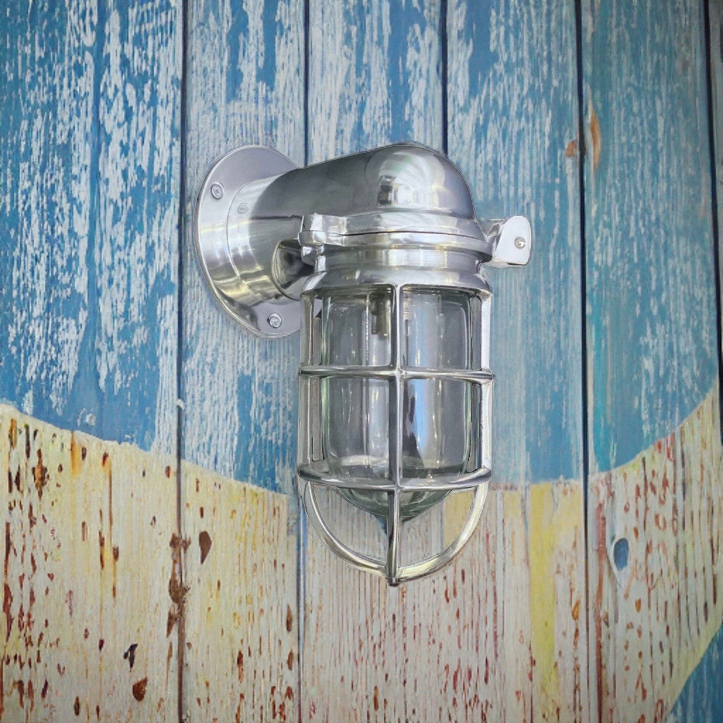 Happisburgh ~ Solid Polished Nickel Caged Bulkhead Industrial Wall Light | Bathroom | Outdoor Garden | Vintage 1 x Edison Filament Bulb