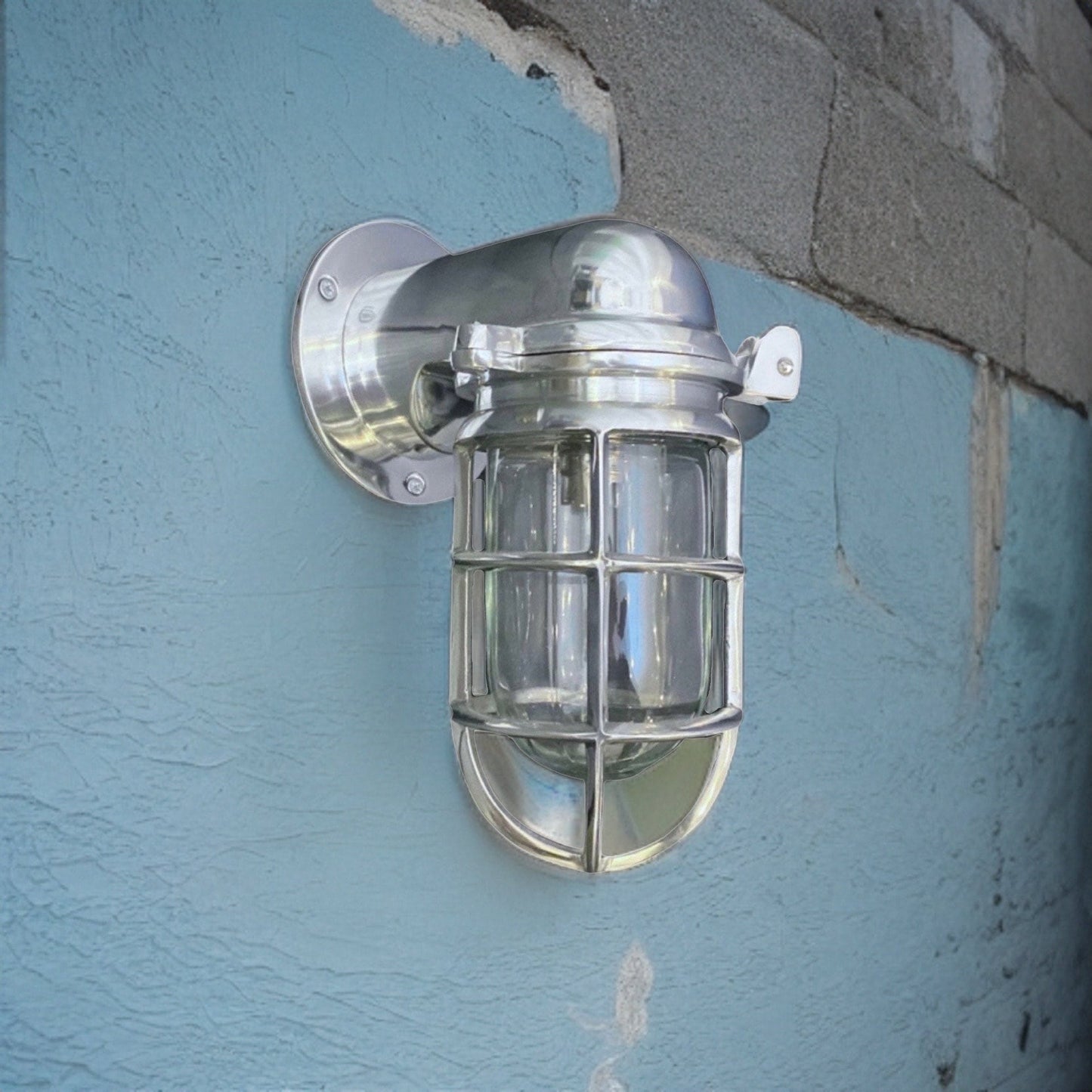 Happisburgh ~ Solid Polished Nickel Caged Bulkhead Industrial Wall Light | Bathroom | Outdoor Garden | Vintage 1 x Edison Filament Bulb