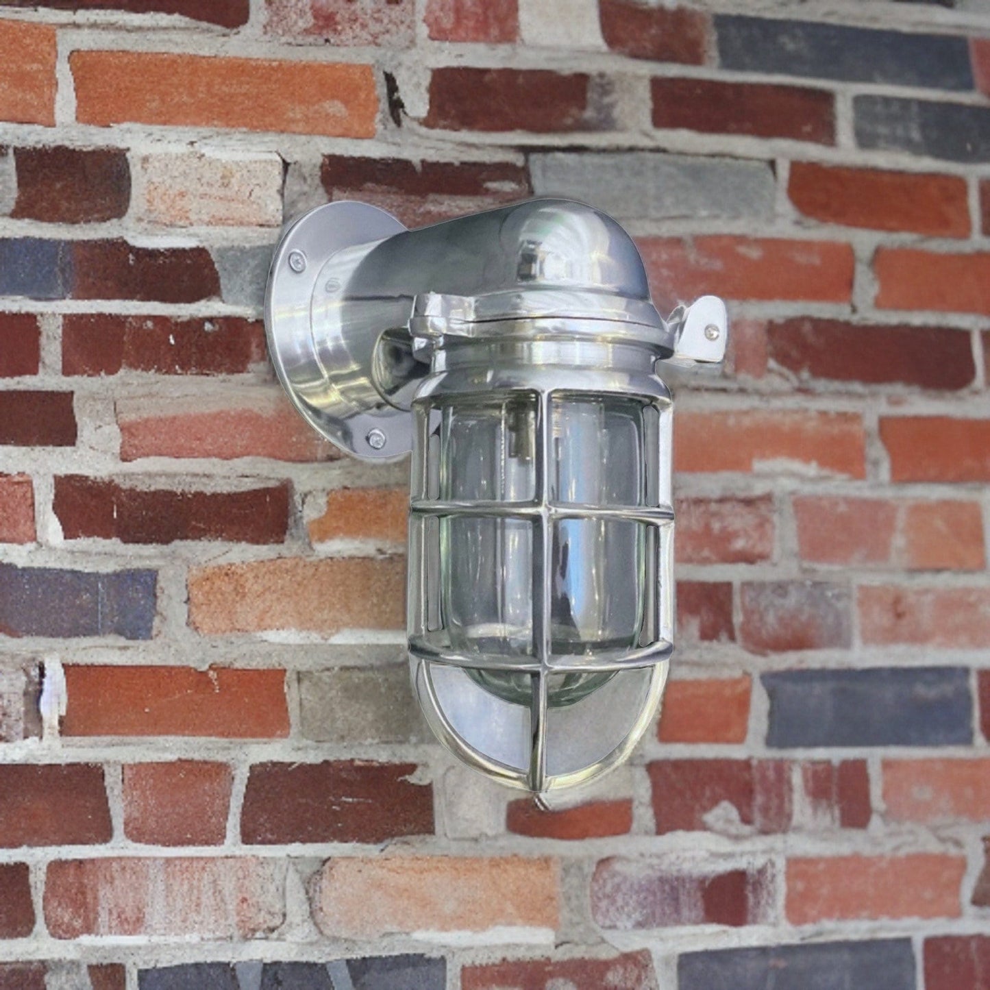 Happisburgh ~ Solid Polished Nickel Caged Bulkhead Industrial Wall Light | Bathroom | Outdoor Garden | Vintage 1 x Edison Filament Bulb