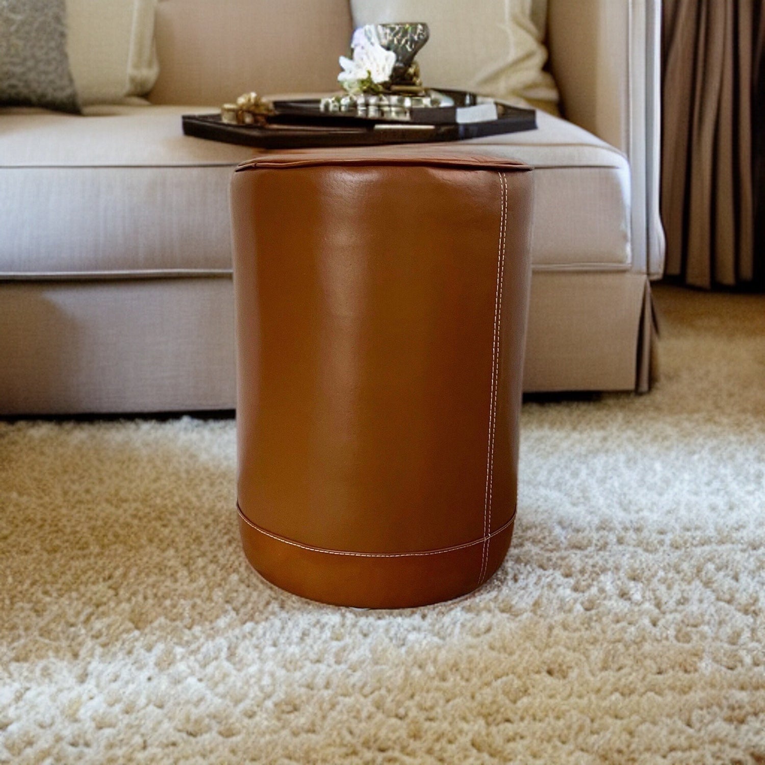 Maxlume ~ Leather Pouf | Solid Base Genuine Leather | Vintage Style | Floor Standing | Man Cave Stool