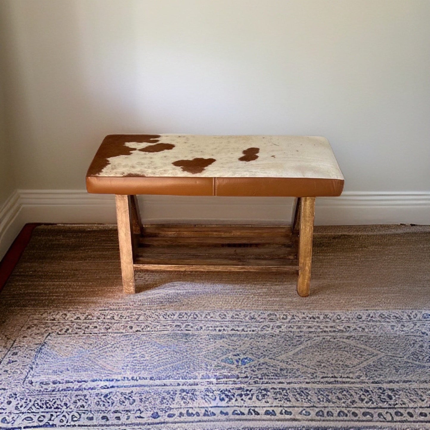 Cow Hide Leather Bench Brown & White | Foot Stool | Solid Base | Vintage Style | Floor Standing | Man Cave Stool by Maxlume