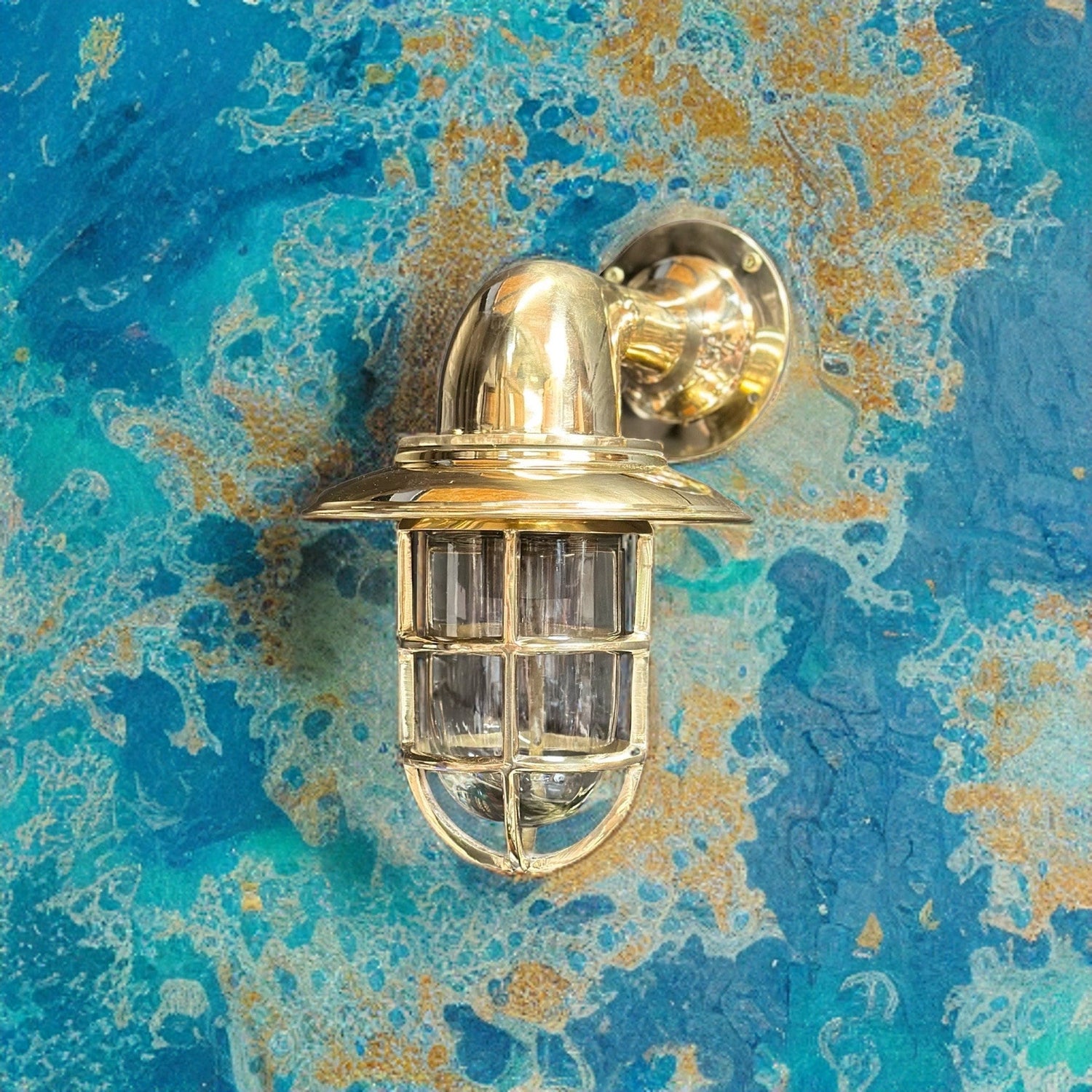 Wells ~ Solid Brass Caged Swan Neck Bulkhead Industrial Wall Light | Bathroom | Outdoor Garden